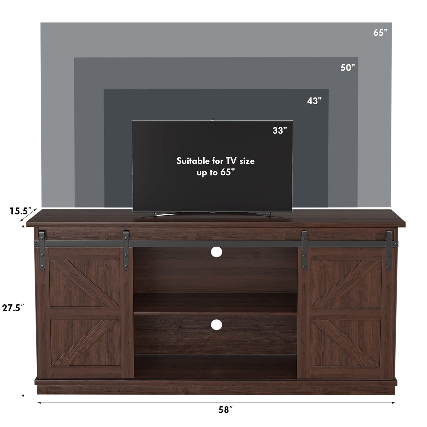 JUMMICO TV Stand for 65 Inch TV, Entertainment Center with Storage Cabinets and Sliding Barn Doors, Mid Century Modern Media TV Console Table for Living Room Bedroom (Brown)