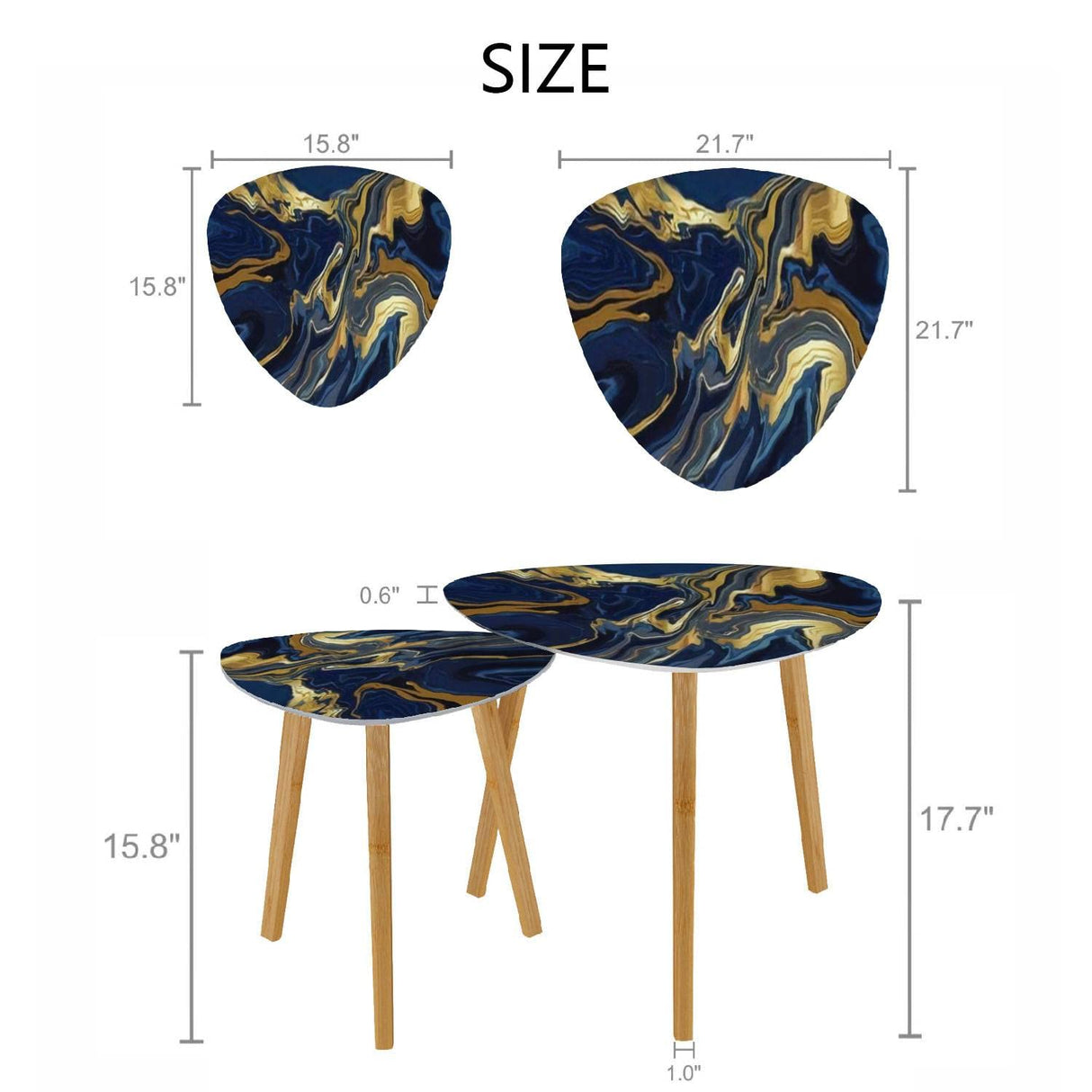 DQWIJAKX91 Small Coffee Nesting Table Luxury Blue Marble Gold Abstract Texture Indigo Ocean Blue marbling Modern Minimalist Side Table Triangle End Tea Table Center Table Set of 2Living Room Bedroom DQWIJAKX91