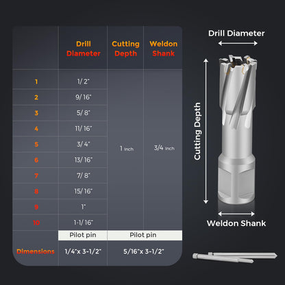 Bonvoisin Annular Cutter Set 12 PCS Carbide Tips Mag Drill Bits Kit 1/2" to 1-1/16" Cutting Diameter 3/4" Weldon Shank with 2 Pilot Pins for Mag Drill Press Cutting - WoodArtSupply