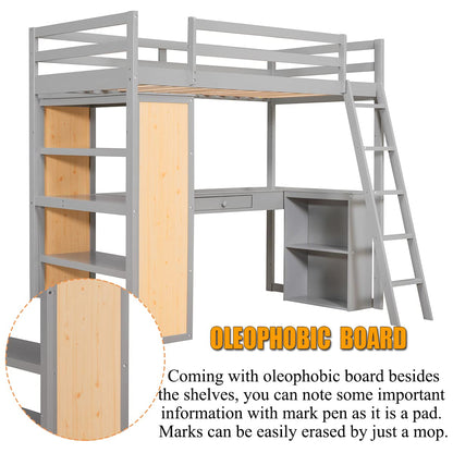 Harper & Bright Designs Twin Loft Bed with Desk, Shelves, and Storage in Grey - WoodArtSupply