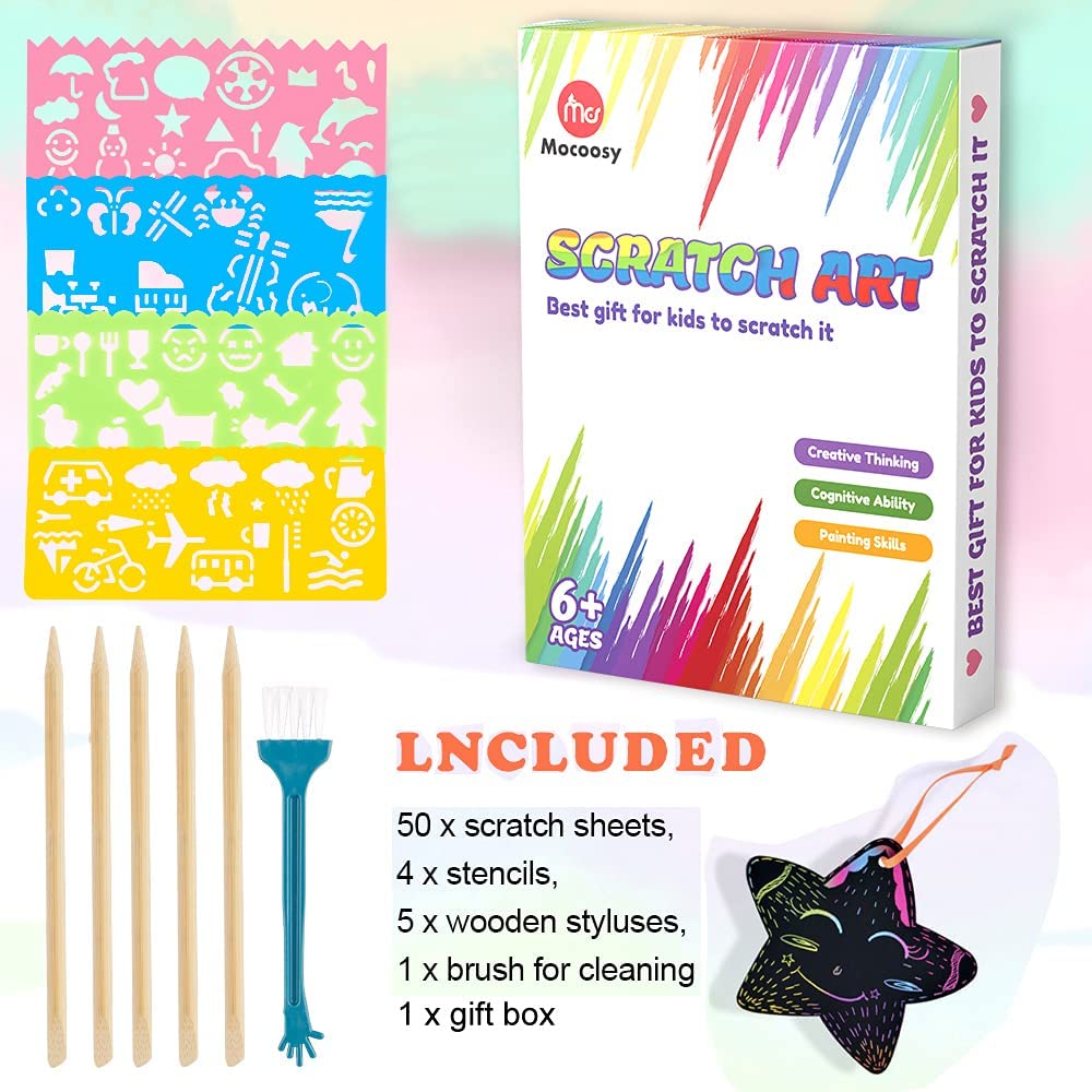 Mocoosy 60 Pcs Rainbow Scratch Art Paper for Kids, Magic Scratch Paper Set Art and Craft Kit, Black Scratch Sheets for Party Game Activities Birthday Gifts Toys Girls Boys 3 4 5 6 7 8 9 10 Years Old Mocoosy