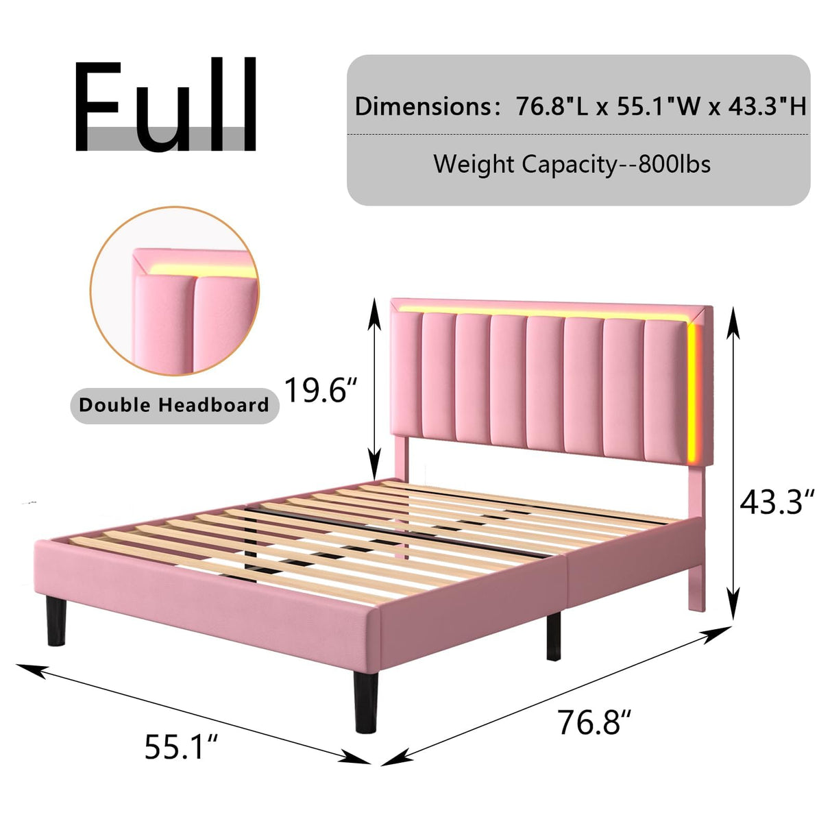 IMMERSTABLE Pink Full Size Bed Frame with LED Lights, Upholstered Bed Frame Full with Headboard, Heavy Duty Wood Slats Support, Noise-Free, No Box Spring Needed, Easy Assembly IMMERSTABLE