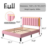 IMMERSTABLE Pink Full Size Bed Frame with LED Lights, Upholstered Bed Frame Full with Headboard, Heavy Duty Wood Slats Support, Noise-Free, No Box Spring Needed, Easy Assembly IMMERSTABLE