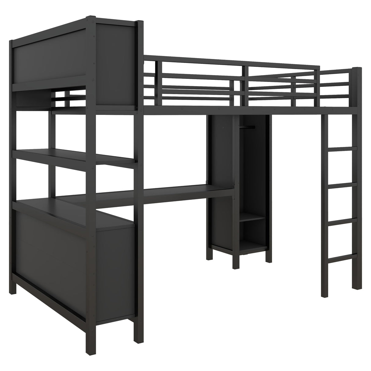 Full Size Loft Bed with Wardrobe and Storage Cubes, Heavy Duty Loft Bed with Desk, Storage Shelf and Guardrail, Black Bellemave