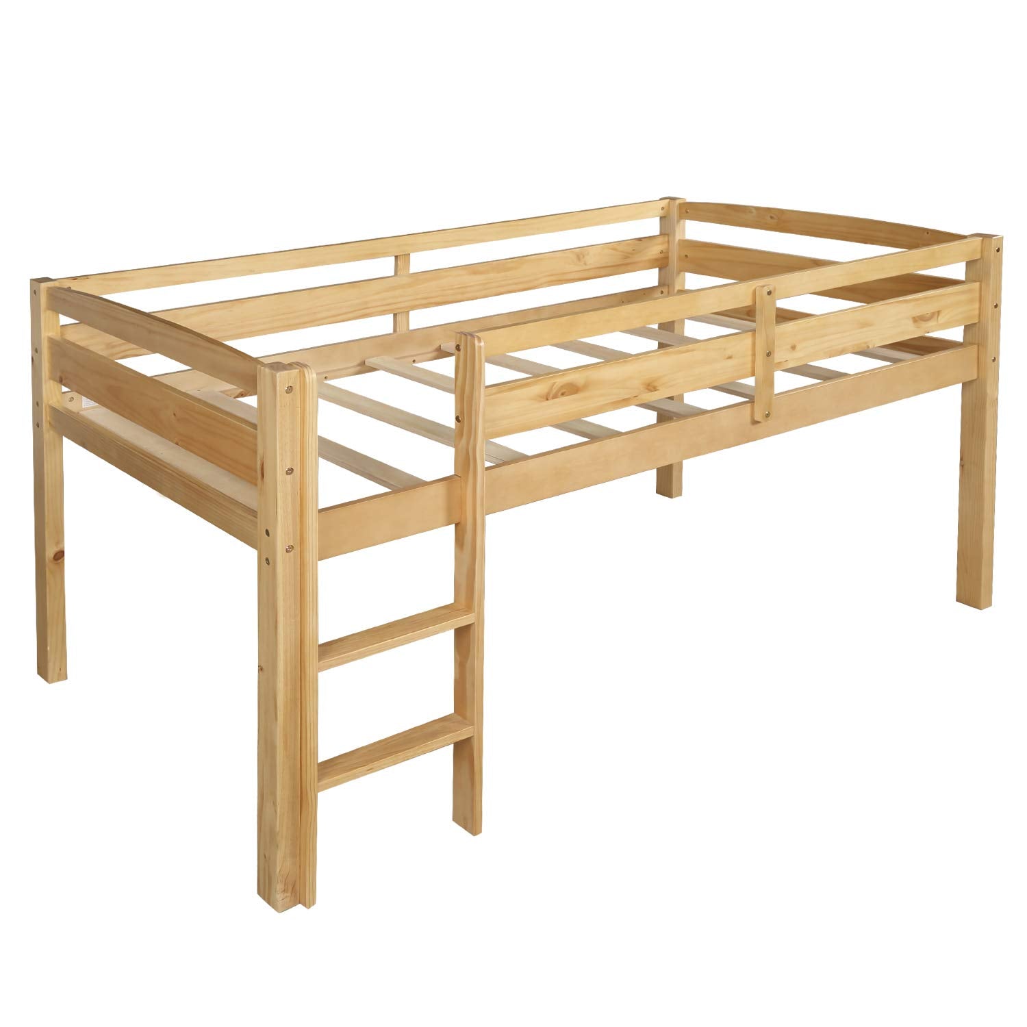 Harper & Bright Designs Twin Size Low Loft Bed with Ladder and Safety Guardrails in Natural Wood - WoodArtSupply