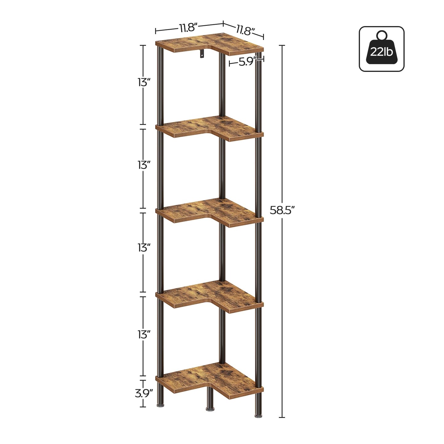 YATINEY Corner Shelf Stand, 5 Tier Corner Bookshelf with Storage, Tall L Shaped Corner Shelves Display Shelf, Industrial Tiered Rack Small Space for Bedroom, Living Room, Rustic Brown SJ03BR