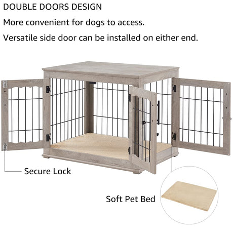 beeNbkks Furniture Style Dog Crate End Table, Double Doors Wooden Wire Dog Kennel with Pet Bed, Decorative Pet Crate Dog House Indoor Medium Large beeNbkks