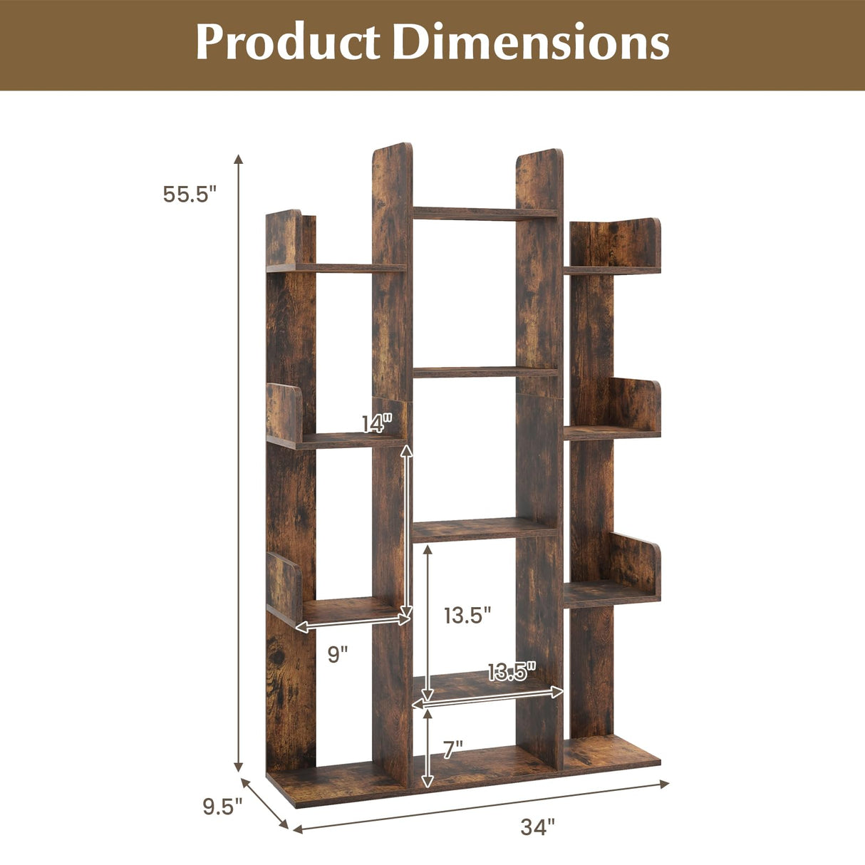 Tangkula Freestanding Tree Bookshelf, Corner Storage Organizer with 13 Open Shelves, Decorative Display Cube Shelf for Living Room, Study, Office, 34 x 9.5 x 55.5 Inch (1, Rustic Brown) Tangkula