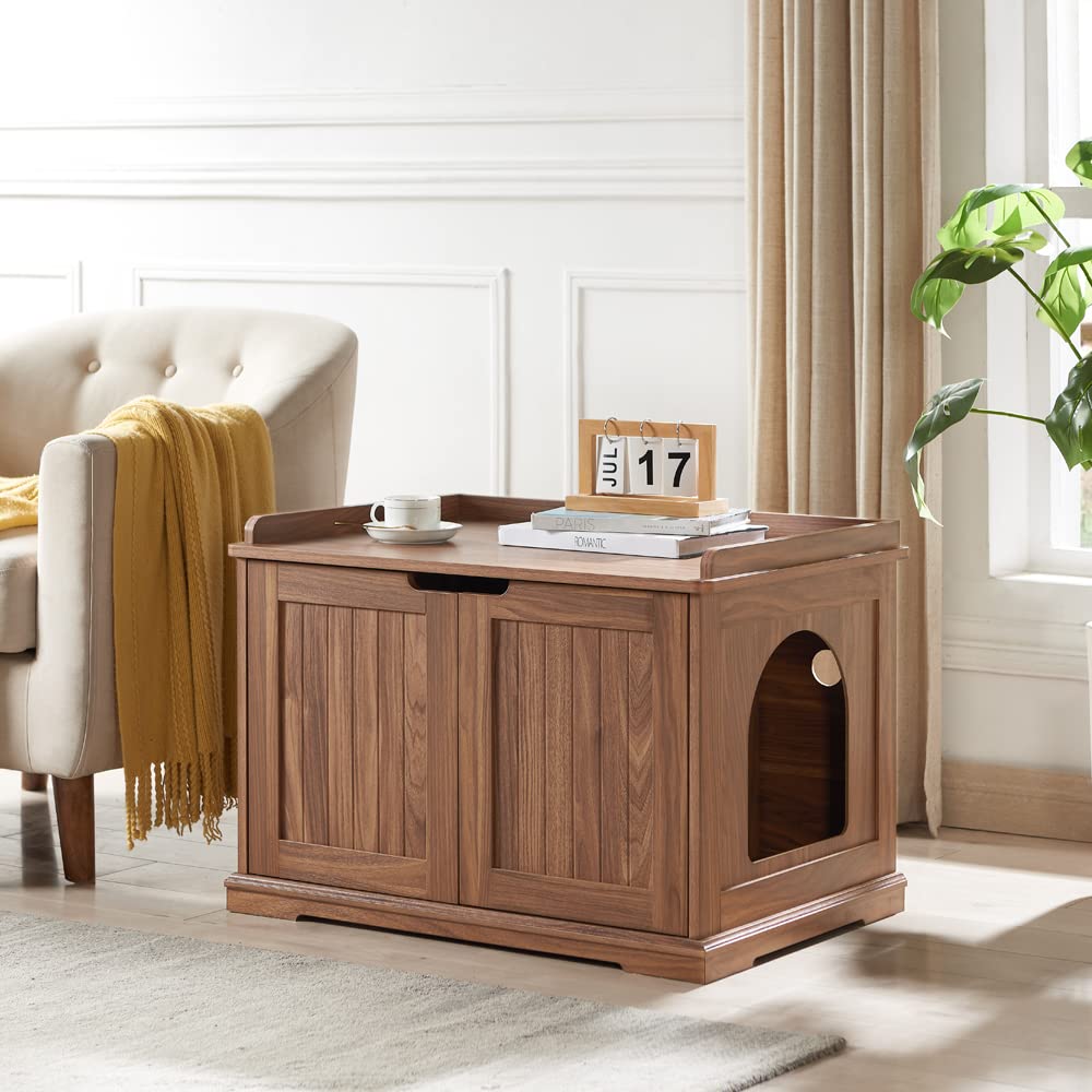 unipaws Cat Litter Box Enclosure Furniture, Hidden Litter Box Cover Washroom, Dog Proof Cabinet House for Large Cat, Hideaway Litter Box, Walnut unipaws