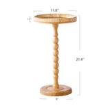 HuiDao Drink Table，Rattan Round Small Side Table for Small Spaces, Boho Circle End Table Coffee Table with Solid Wood Leg for Living Room, Pedestal Table for Bedroom, Corners HuiDao