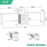 GYIIYUO 93'' Two Person Desk with Charging Station, Long Desk with 3 Drawers and Printer Shelf, Double Computer Desk, Fabric Drawers, 2 Person Writing Study Table Workstation for Home Office, White GYIIYUO