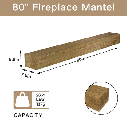 POPRHINO Fireplace Mantel Shelve, Solid Wood Baked Finish Wall-Mounted Floating Shelf for Over Fireplace, Handcrafted Floating Fireplace Mantels with Wooden Bracket, 80 x 8 x 6 Inches, Olive Brown