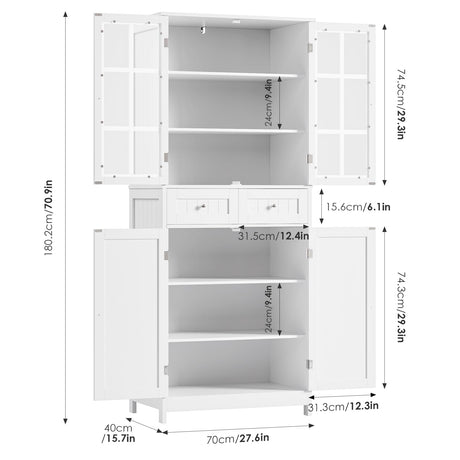 BOTLOG 71" Kitchen Pantry Storage Cabinet, Tall Pantry Cabinet with 6 Shelves, 2 Drawers, Storage Cabinet with 4 Doors, for Dining Room Kitchen, BOTLOG