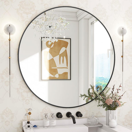 BEAUTYPEAK 30 Inch Round Mirror, Metal Frame Circle Mirror, Wall Mounted for Entryway, Bathroom, Vanity, Living Room, Black BEAUTYPEAK