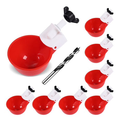 Psarnuk Chicken Waterer Cups (8 Pack/Red) - DIY Automatic Large Chicken Water Feeder for Ducks,Chicks, Turkeys, Quail, Bunny, Bird and Other Various Poultry Dispenser with Matching Drill psarnuk
