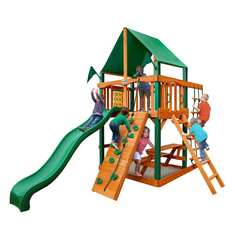 Gorilla Playsets 01-0061-AP-1 Chateau Tower Wooden Playset with Amber Posts, Slide, Climbing Wall, & Deluxe Green Vinyl Canopy - WoodArtSupply