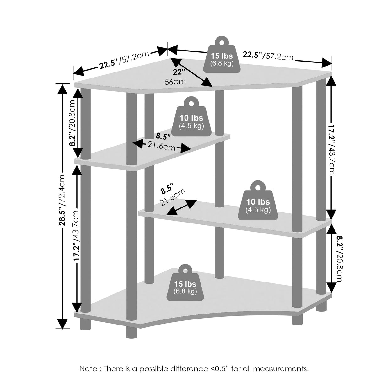 Furinno Turn-N-Tube Storage Shelves, 4-Tier Corner Shelf, Display Rack, Corner Bookshelf, for Organization and Storage, Living Room, Home Office, Espresso Furinno