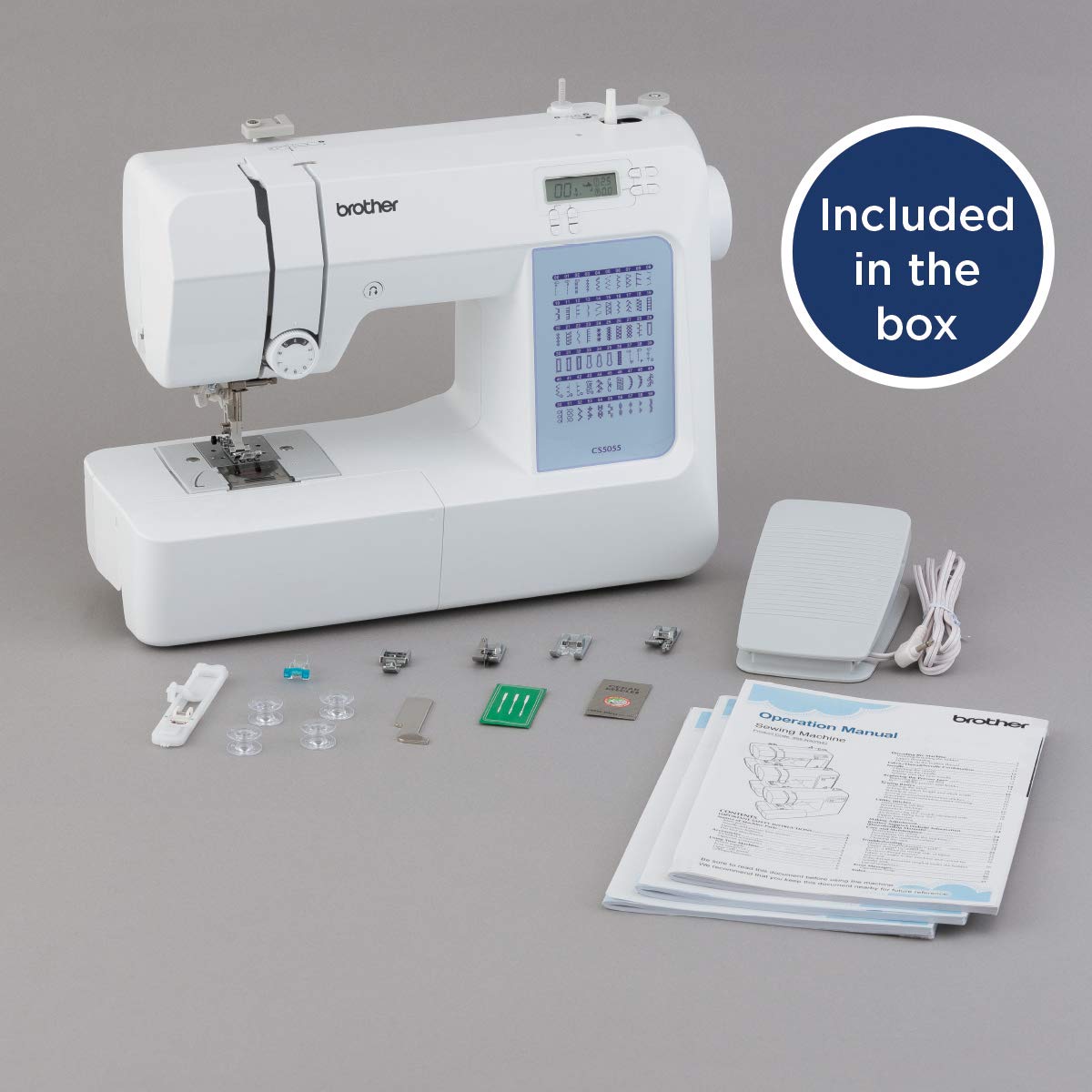 Brother CS5055 Computerized Sewing Machine, 60 Built-in Stitches, LCD Display, 7 Included Feet, White Brother