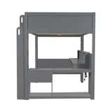 Full Size Wood Gaming Loft Bed with Desk, Multi-Storage Shelves, LED Light Strip and Charging Station, Multifunctional Loft Bed Frame with Guardrail and Ladder for Kids Teens (Dark Gray-05, Full) HZSSDTKJ