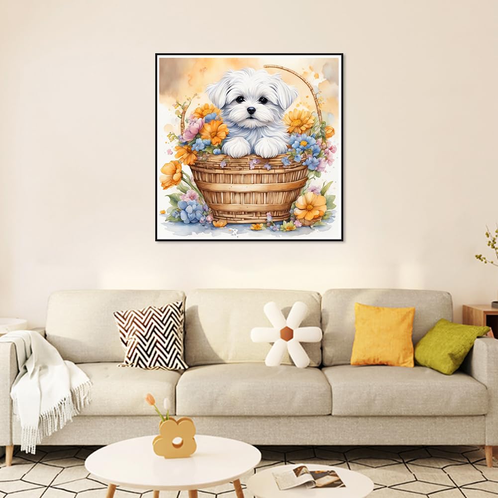 WSLWXSHM Diamond Painting Kits for Adults, Dog Round Full Drill Diamond Art Kits, 5D DIY Paint with Diamonds Crafts for Home Wall Decoration Gifts 12×12Inch Flower Basket WSLWXSHM
