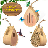 3 Pack Pollination Palace Combo Set - Wooden Bee House, Butterfly House and Bird House. Ideal for Flower and Vegetable Gardens; Perfect Gifts GardeningProducts4Less