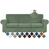 WEERRW 4 Pieces Velvet High Stretch Couch Covers for 3 Cushion Couch Sofa Slipcovers, Washable Furniture Protector with Non Slip Elastic Bottom, Feature Soft Plush Fabric, Greyish Green, Large WEERRW