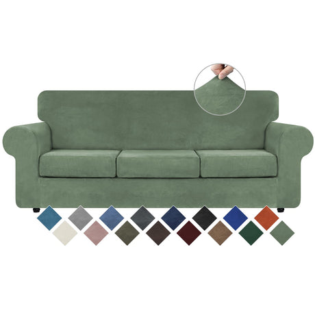 WEERRW 4 Pieces Velvet High Stretch Couch Covers for 3 Cushion Couch Sofa Slipcovers, Washable Furniture Protector with Non Slip Elastic Bottom, Feature Soft Plush Fabric, Greyish Green, Large WEERRW