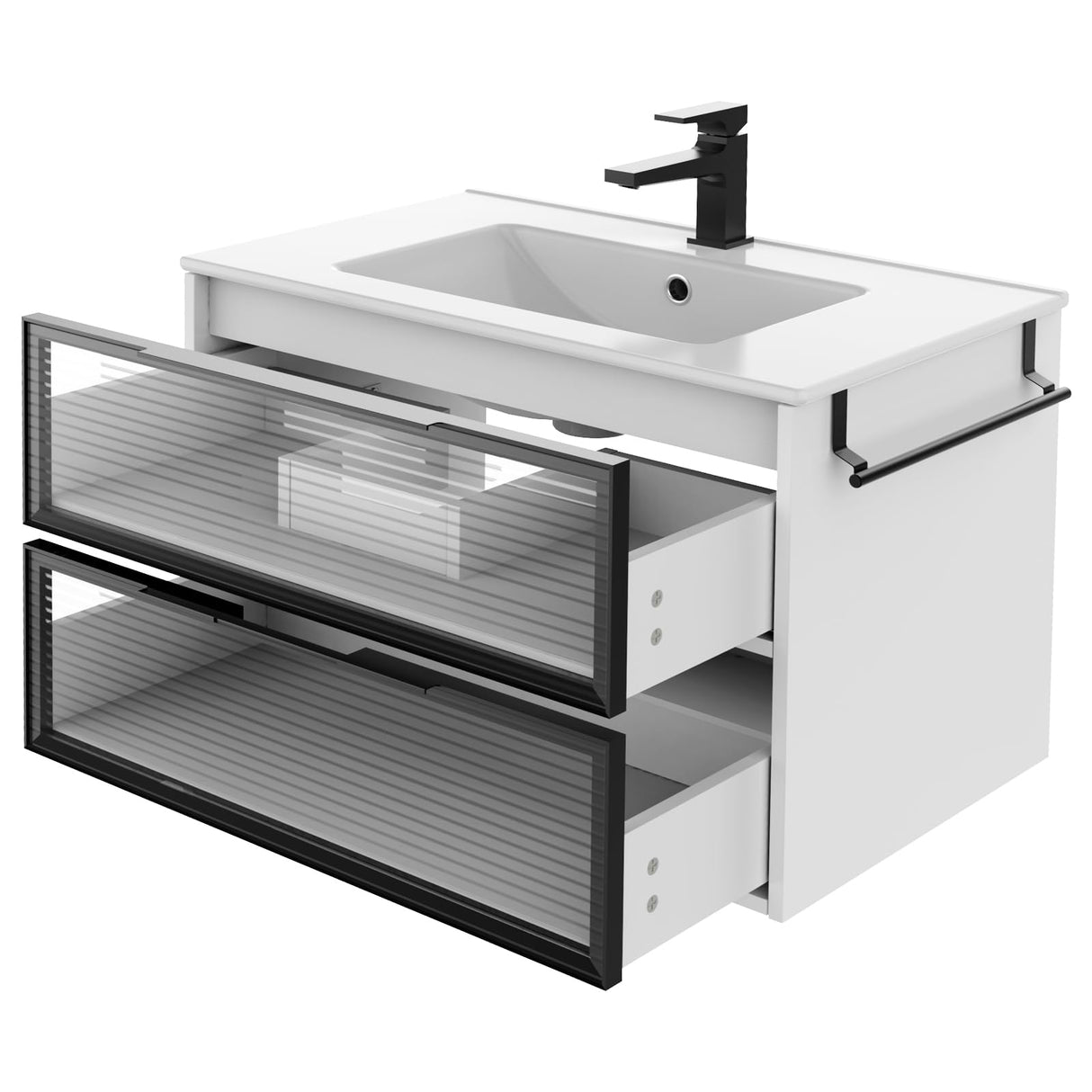 YOURLITE 30” Floating Bathroom Vanity with Sink Combo, Modern Wall Mounted Cabient with 2 Glass Doors Drawers Storage, Undermount Bathroom Ceramic Sink & Soft Closing Doors & Black Faucet YOURLITE