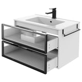 YOURLITE 30” Floating Bathroom Vanity with Sink Combo, Modern Wall Mounted Cabient with 2 Glass Doors Drawers Storage, Undermount Bathroom Ceramic Sink & Soft Closing Doors & Black Faucet YOURLITE