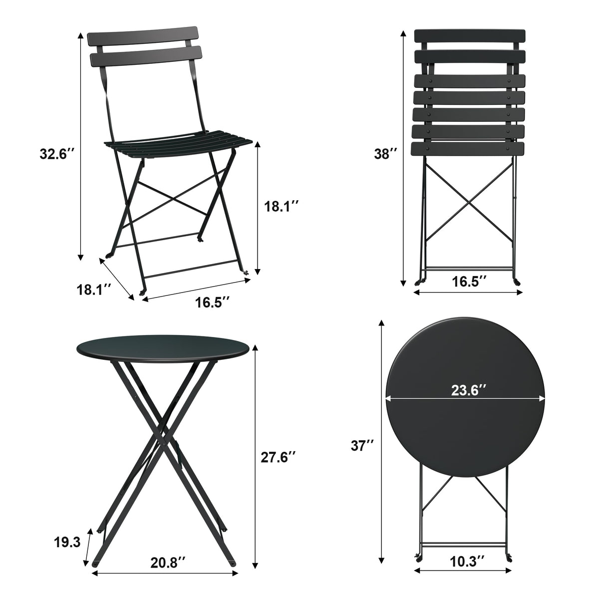 Bistro Table and Chairs Set of 2, 3 Piece Outdoor/Indoor Folding Patio Bistro Sets, 2 Chair Patio Furniture Set with Table, Premium Frame Foldable Coffee Tables for Balcony, Yard, Garden, Black IDEALHOUSE