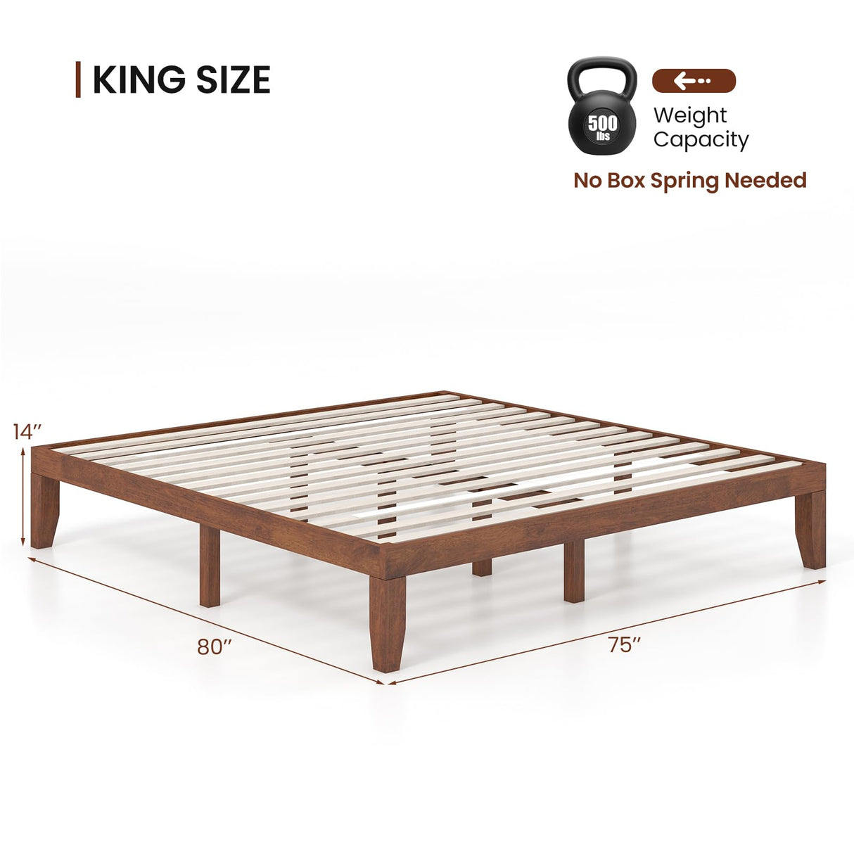 KOMFOTT 14-Inch Solid Rubber Wood King Size Platform Bed Frame - Brown Cherry KOMFOTT