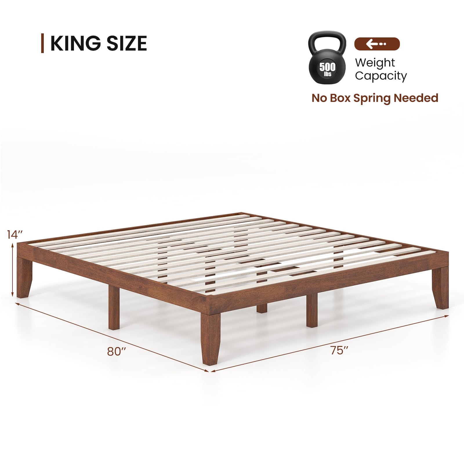 KOMFOTT 14-Inch Solid Rubber Wood King Size Platform Bed Frame - Brown Cherry - WoodArtSupply