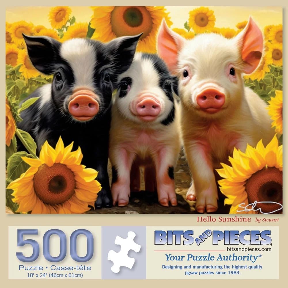 Bits and Pieces - 500 Piece Jigsaw Puzzle for Adults - 18" x 24" - Hello Sunshine - 500 pc Baby Pigs Sunflowers Jigsaw by Stewart Bits and Pieces