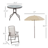 Outsunny 6 Piece Patio Dining Set for 4 with Umbrella, Outdoor Table and Chairs with 4 Folding Dining Chairs & Round Glass Table for Garden, Backyard and Poolside, Beige Outsunny