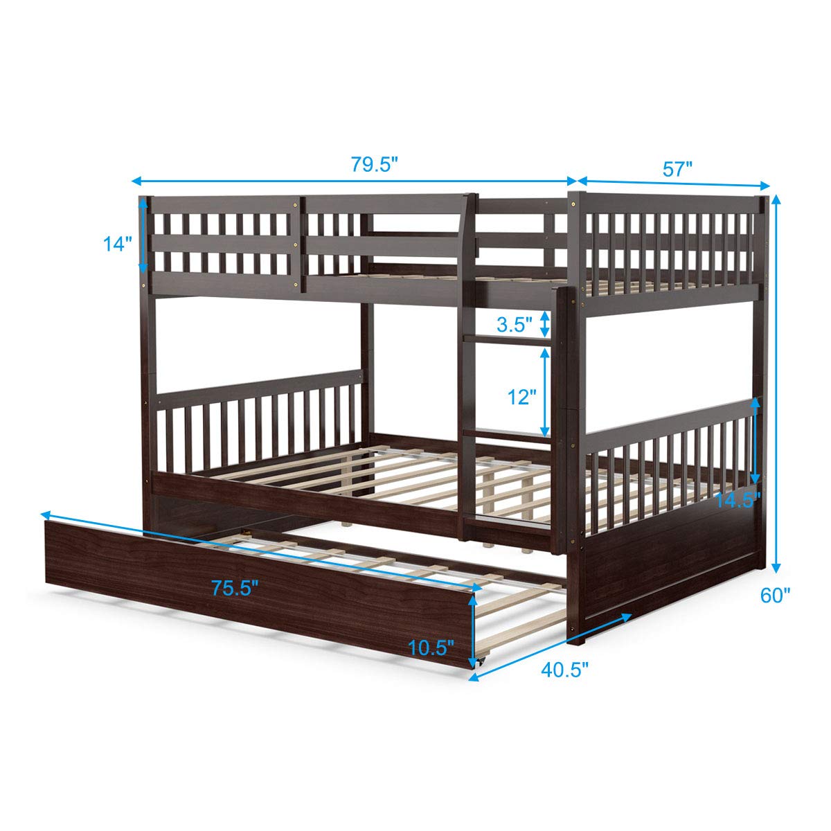 KOMFOTT Solid Wood Full Over Full Bunk Bed with Trundle and Ladder – Space-Saving Design for Teens and Adults - WoodArtSupply