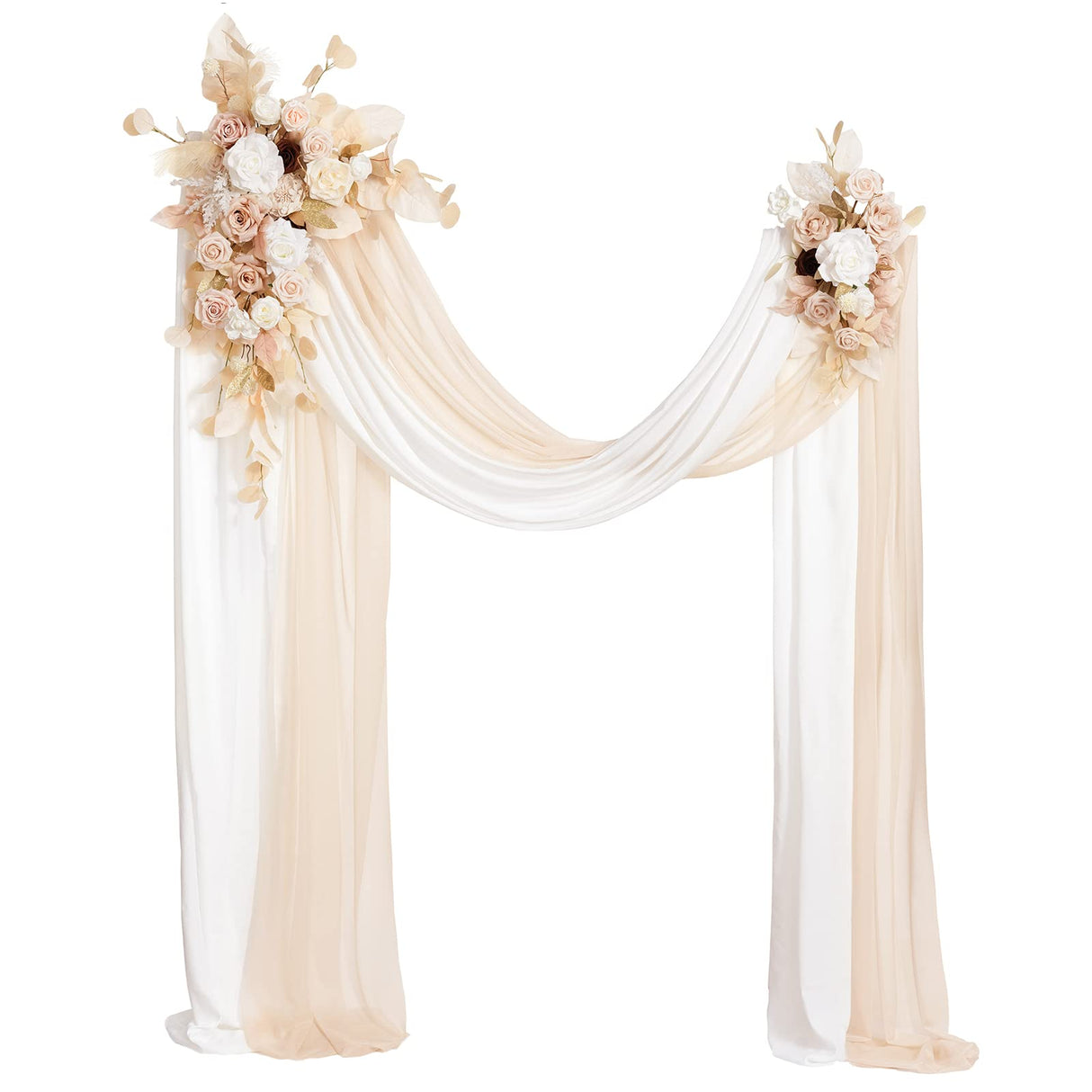 Ling's Moment White Gold Artificial Wedding Arch Flowers Kit Pack of 4, 2pcs Hanging Flower Arrangement 2pcs Chiffon Drapes Ceremony Reception Fake Rose Arbor Backdrop Stand Floral Outdoor Decorations Ling's Moment