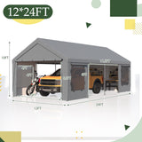 EROMMY 12' x 24' Heavy Duty Carport，Portable Garage with UV Protection & Steel Frame, Car Port with Removable Sidewalls, All-Season Car Canopy for Tractor, Truck, Boat, Outer Gray and Inner White EROMMY
