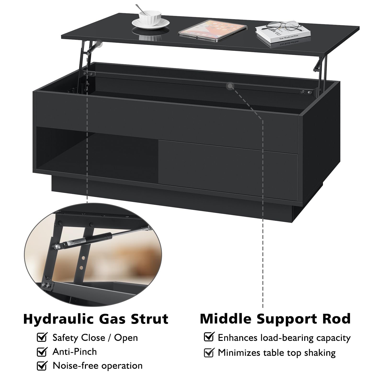 HOMMPA Lift Top Coffee Table with Storage LED Coffee Table Morden High Gloss Living Room 3 Tiers Modern Tea Table with Storage Center Tables Hidden Compartment & Open Shelve & Drawer Black - WoodArtSupply