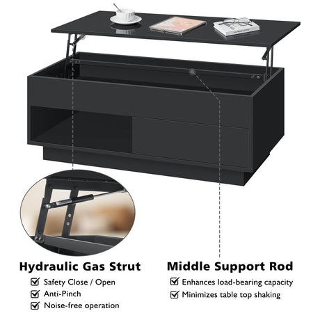 HOMMPA Lift Top Coffee Table with Storage LED Coffee Table Morden High Gloss Living Room 3 Tiers Modern Tea Table with Storage Center Tables Hidden Compartment & Open Shelve & Drawer Black HOMMPA
