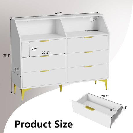 LOUVIXA 6 Drawer Dresser with LED Light, Chest of Drawers with Charging Station, Large Double Dressers, Wooden Dressers for Bedroom, Living Room, Entryway, Hallway (White) LOUVIXA