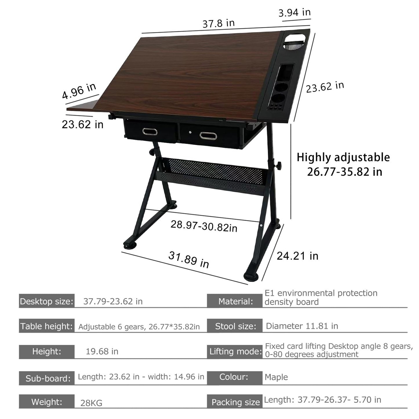 WEUMNV Drafting Table Art Desk Drawing Table Height Adjustable Artist Table Tilted Tabletop w/Drafting Stool and Storage Drawer for Reading, Writing (One stools)