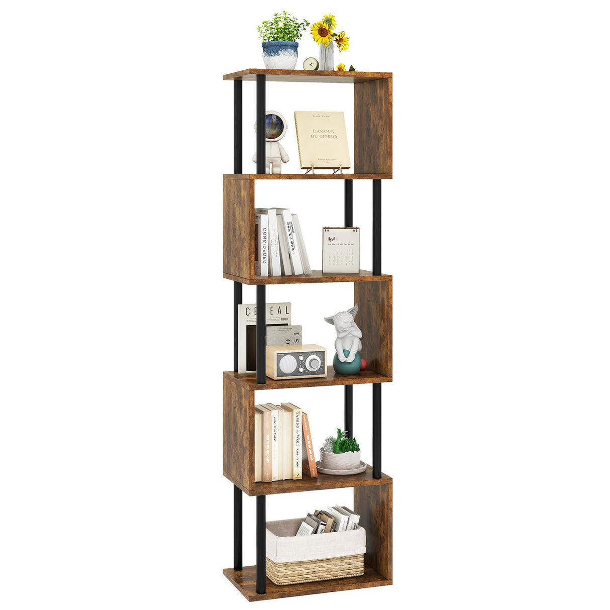 IBUYKE 6-Tier Tall Bookshelf,S-Shaped Geometric Bookcase, Wood Display Shelves with Storage,Industrial Bookshelf for Living Room Bedroom, Home Office, Rustic Brown WBC016H IBUYKE