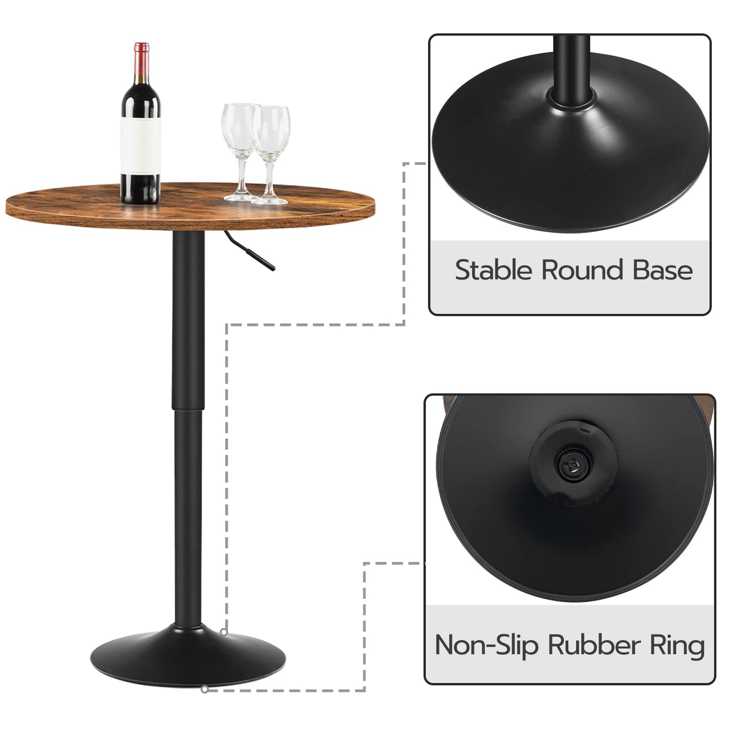 HOOBRO Height-Adjustable Round Bar Table in Rustic Brown - Modern Cocktail Table for Small Spaces - WoodArtSupply