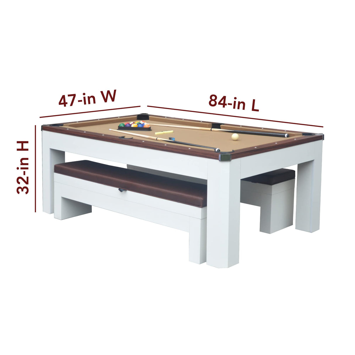 Hathaway Newport 7-ft Pool Table Tennis Combination with Dining Top, Two STO Newport II 7-ft Pool Table Combo Set with Benches - White with Camel Feltrage Benches with Accessories - Walnut Hathaway