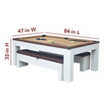 Hathaway Newport 7-ft Pool Table Tennis Combination with Dining Top, Two STO Newport II 7-ft Pool Table Combo Set with Benches - White with Camel Feltrage Benches with Accessories - Walnut Hathaway