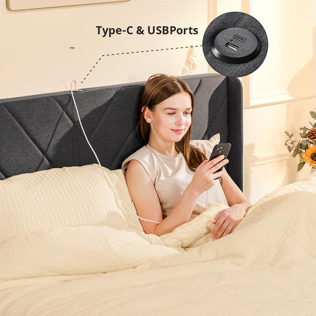 COMHOMA King Size Metal Bed Frame with Upholstered Headboard,Storage Drawers,USB & Type-C Charging Ports,No Box Spring Needed,Dark Grey COMHOMA
