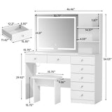VOWNER Vanity with Lighted Mirror - 47" Makeup Vanity Desk with 7 Drawers, 3 Storage Shelves and Outlet, 3 Color Lighting Modes with Adjustable Brightness, Makeup Desk with Stool for Bedroom, White VOWNER