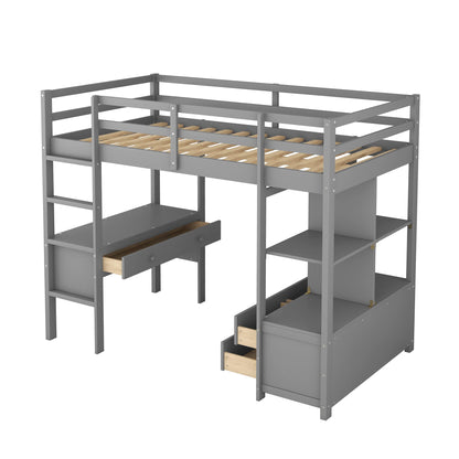 Harper & Bright Designs Twin Size Loft Bed with Desk and Storage, Wood High Loft Bed Frame with Shelves, Multifunctional Loft Bed Twin for Kids Teens Adults (Grey) - WoodArtSupply