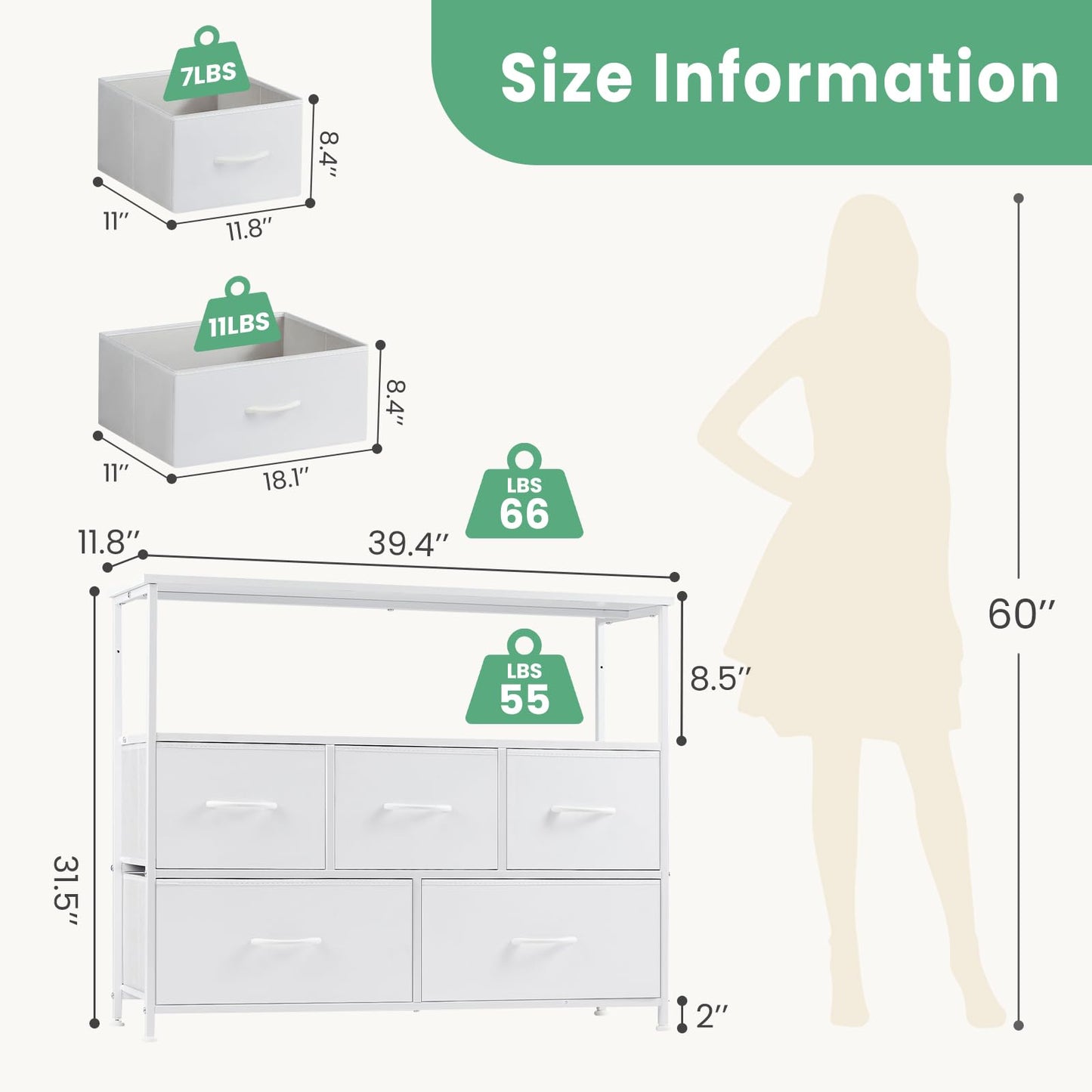 DUMOS TV Stand Dresser for Bedroom with 5 Fabric Drawer,Entertainment Center for 45 inch Television, Media Console Table with Storage, Open Shelf, Adjustable Feet, Living Room Furniture, White