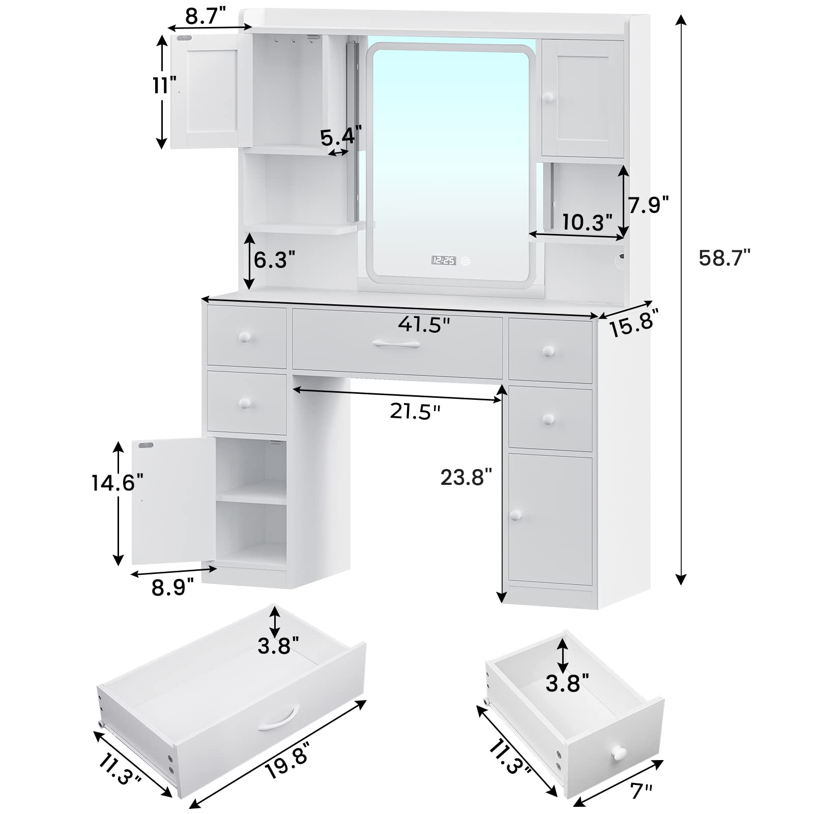 Tiptiper Large Vanity Desk with Mirror and Lights, Makeup Vanity with Lights and Charging Station, Vanity Table with Smart Mirror with Time Display, Makeup Table with 5 Drawers, White - WoodArtSupply